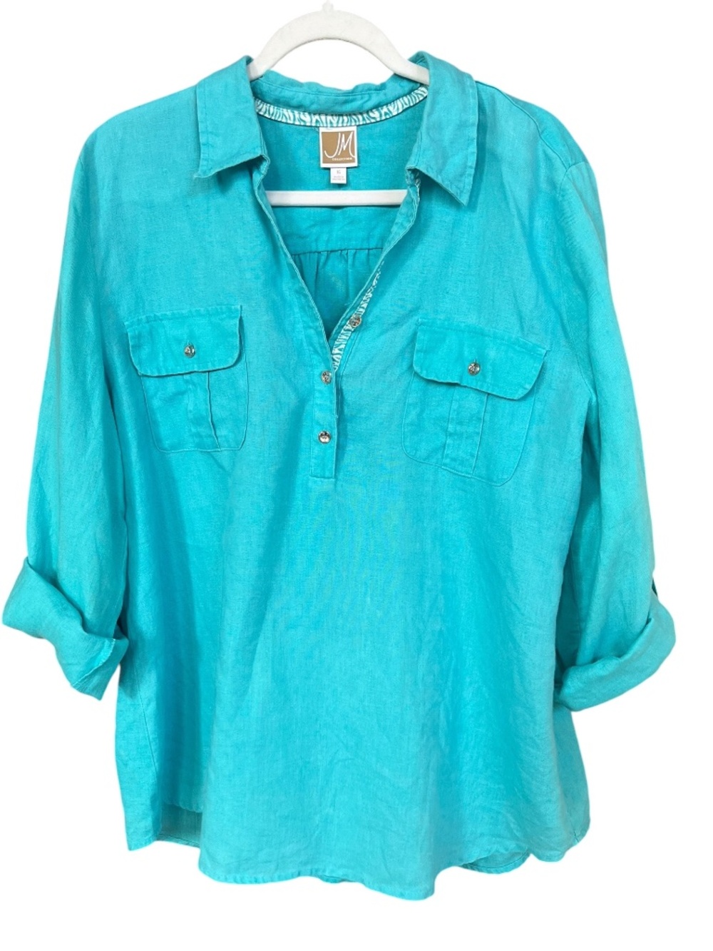 JM Collection Turquoise Blue Linen Roll-Tab Long Sleeves Popover Tunic Top SZ 16